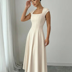 Elegant White Square Neck Cap Sleeve Crepe Midi Dress