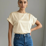 Beige Round Neck Satin Short Sleeve Blouse