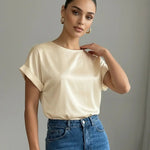 Beige Round Neck Satin Short Sleeve Blouse