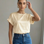 Beige Round Neck Satin Short Sleeve Blouse