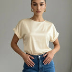 Beige Round Neck Satin Short Sleeve Blouse