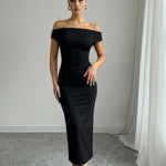 Elegant Black Off The Shoulder Bodycon Gold Detail Midi Dress