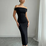 Elegant Black Off The Shoulder Bodycon Gold Detail Midi Dress