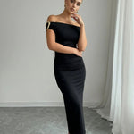 Elegant Black Off The Shoulder Bodycon Gold Detail Midi Dress