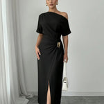 Elegant Black One Shoulder Ruched  Gold Buckle Midi Dress