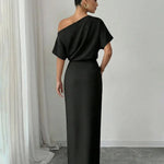 Elegant Black One Shoulder Ruched  Gold Buckle Midi Dress