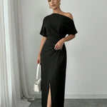 Elegant Black One Shoulder Ruched  Gold Buckle Midi Dress