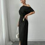 Elegant Black One Shoulder Ruched  Gold Buckle Midi Dress