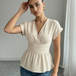 Beige  V-Neck Short Sleeve Smocked Waist Blouse