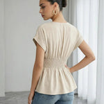 Beige  V-Neck Short Sleeve Smocked Waist Blouse