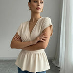 Beige  V-Neck Short Sleeve Smocked Waist Blouse