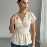Beige  V-Neck Short Sleeve Smocked Waist Blouse