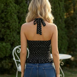 Black Sweet Polka Dot Halter Ruffled Summer Crop Top