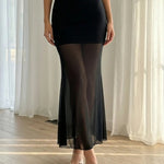 Black Sheer Mesh Overlay High Waisted Maxi Skirt