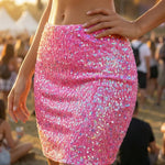 Hot Pink Iridescent Sequin High Waisted Bodycon Mini Skirt