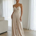 Elegant Beige Spaghetti Strap Satin Wide Leg Jumpsuit