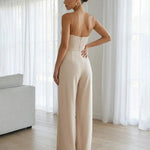 Elegant Beige Spaghetti Strap Satin Wide Leg Jumpsuit