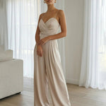 Elegant Beige Spaghetti Strap Satin Wide Leg Jumpsuit