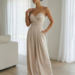 Elegant Beige Spaghetti Strap Satin Wide Leg Jumpsuit