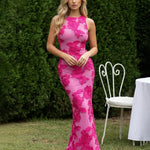 Fuchsia Floral Embroidered Spandex Bodycon Maxi Dress