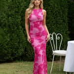 Fuchsia Floral Embroidered Spandex Bodycon Maxi Dress