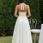 White Halter Deep V Backless Stretchy Midi Daily Casual Dress