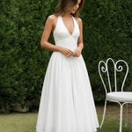White Halter Deep V Backless Stretchy Midi Daily Casual Dress