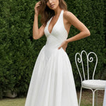 White Halter Deep V Backless Stretchy Midi Daily Casual Dress