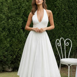 White Halter Deep V Backless Stretchy Midi Daily Casual Dress