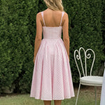 Pink Sweet Gingham Print Square Neck Stretchy Midi Daily Casual Dress