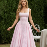 Pink Sweet Gingham Print Square Neck Stretchy Midi Daily Casual Dress