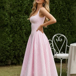 Pink Sweet Gingham Print Square Neck Stretchy Midi Daily Casual Dress