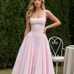 Pink Sweet Gingham Print Square Neck Stretchy Midi Daily Casual Dress