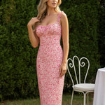 Pink Floral Ruffled Strap U-Neck Stretchy Midi Daily Casual Dress