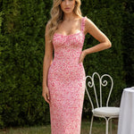 Pink Floral Ruffled Strap U-Neck Stretchy Midi Daily Casual Dress
