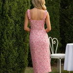 Pink Floral Ruffled Strap U-Neck Stretchy Midi Daily Casual Dress