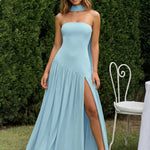 Light Blue Choker Strapless High Slit Stretchy Maxi Dress