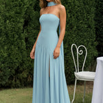 Light Blue Choker Strapless High Slit Stretchy Maxi Dress