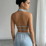 Sexy Blue Open Back Halter Top And Short Set