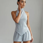 Sexy Blue Open Back Halter Top And Short Set