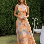 Orange Watercolor Print Halter Neck Chiffon Midi Daily Casual Dress