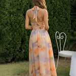 Orange Watercolor Print Halter Neck Chiffon Midi Daily Casual Dress