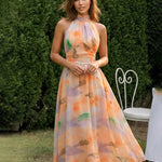 Orange Watercolor Print Halter Neck Chiffon Midi Daily Casual Dress