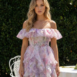 Pink Floral Off Shoulder Ruffled Organza Mini Dress