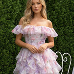 Pink Floral Off Shoulder Ruffled Organza Mini Dress