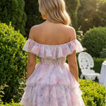 Pink Floral Off Shoulder Ruffled Organza Mini Dress