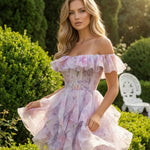Pink Floral Off Shoulder Ruffled Organza Mini Dress