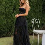 Black Strapless Lace Insert Tiered Ruffle Tulle Maxi Evening Dress