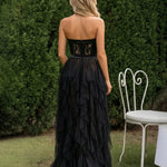 Black Strapless Lace Insert Tiered Ruffle Tulle Maxi Evening Dress