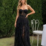 Black Strapless Lace Insert Tiered Ruffle Tulle Maxi Evening Dress
